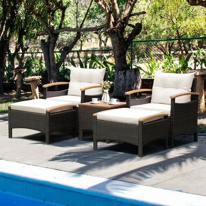 5PCS Patio Rattan Furniture Set Sofa Ottoman Cushioned Table W/Wood Top