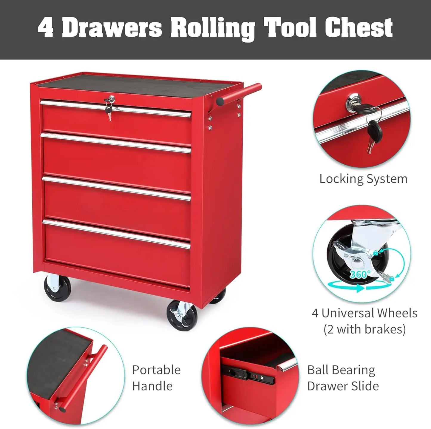 9-Drawer Rolling Tool Chest with Wheels & Lock & Key