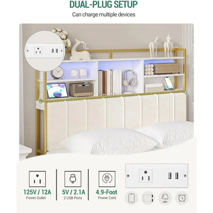 Velvet-Covered Headboard with 3-Tier Storage,