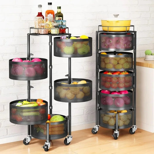 Fruit and Vegetable Basket with Metal Top Lid, 5 Tier Rotating Storage Rack Cart