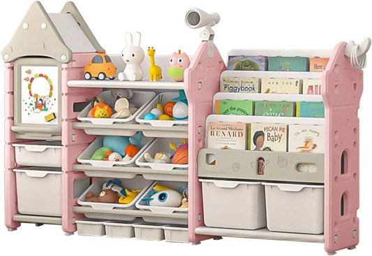 Kids Toy Organizer with 14 Bins, Pull-Out Drawers, Bookshelf