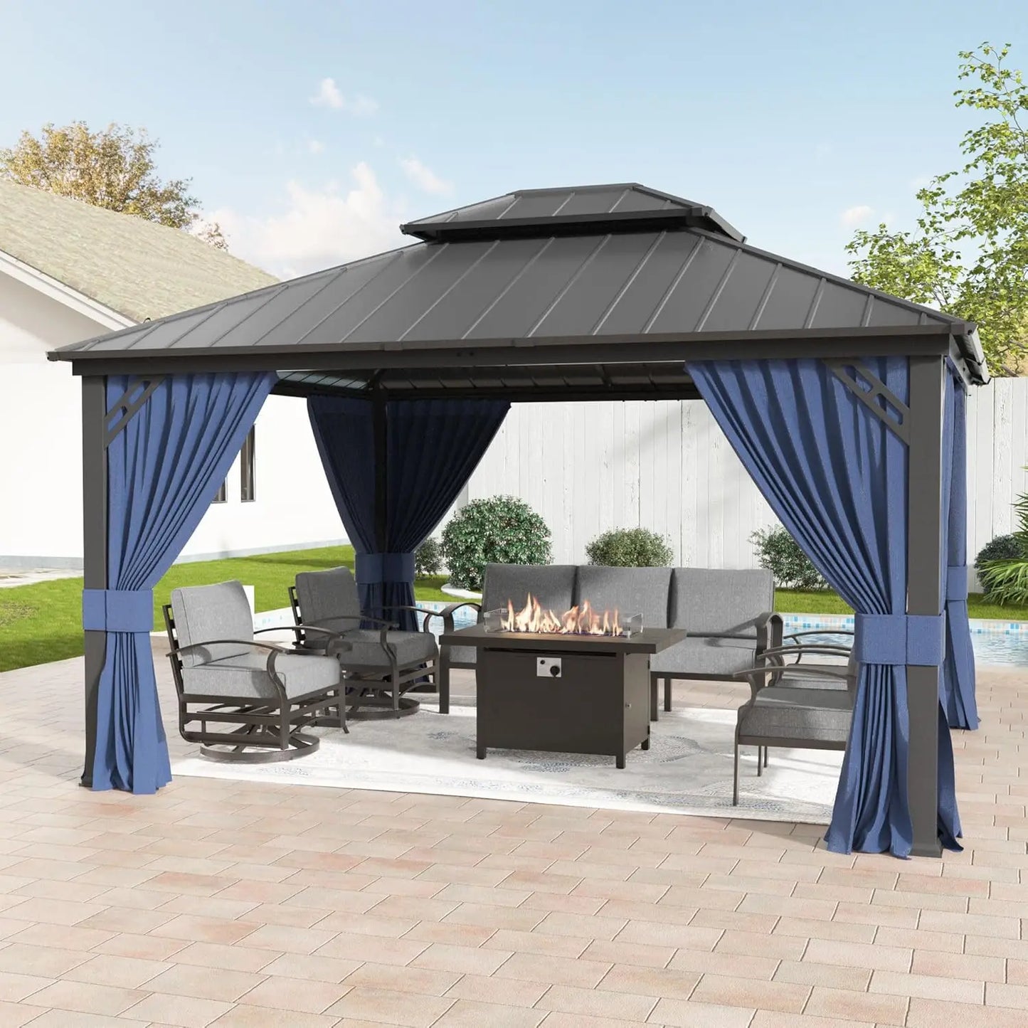 12'x16' Hardtop Gazebo Galvanized Steel Metal Double Roof Gazebo with Curtains and Netting