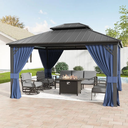 12'x16' Hardtop Gazebo Galvanized Steel Metal Double Roof Gazebo with Curtains and Netting
