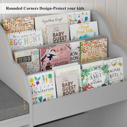 Kids Reading Nook with Bench, Bookshelf, Seat Cushion