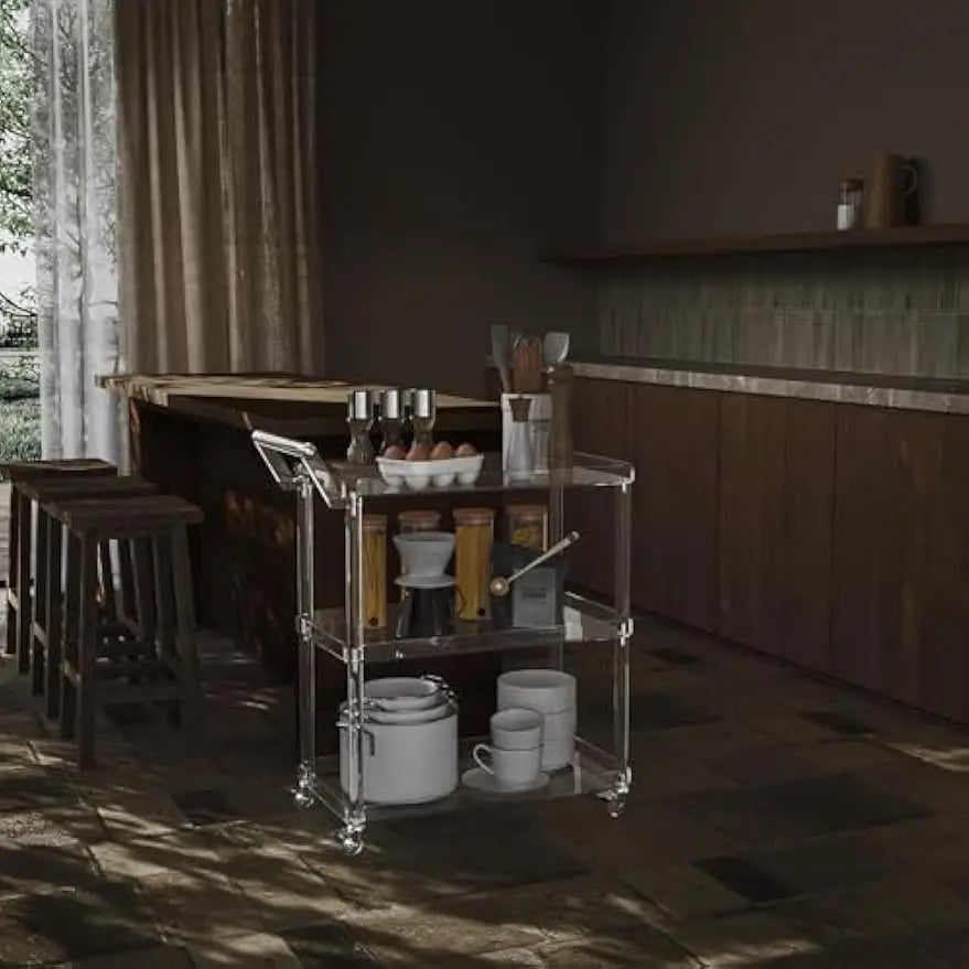 Acrylic Bar Cart with 4 Lockable Wheels, 30.5" L x 15.2" W x 34.5" H, Rolling Serving Cart, Modern, 3-Tier, Clear