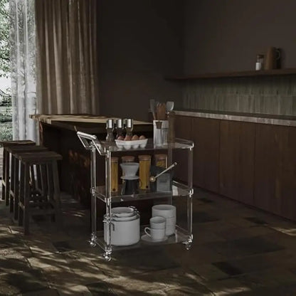 Acrylic Bar Cart with 4 Lockable Wheels, 30.5" L x 15.2" W x 34.5" H, Rolling Serving Cart, Modern, 3-Tier, Clear