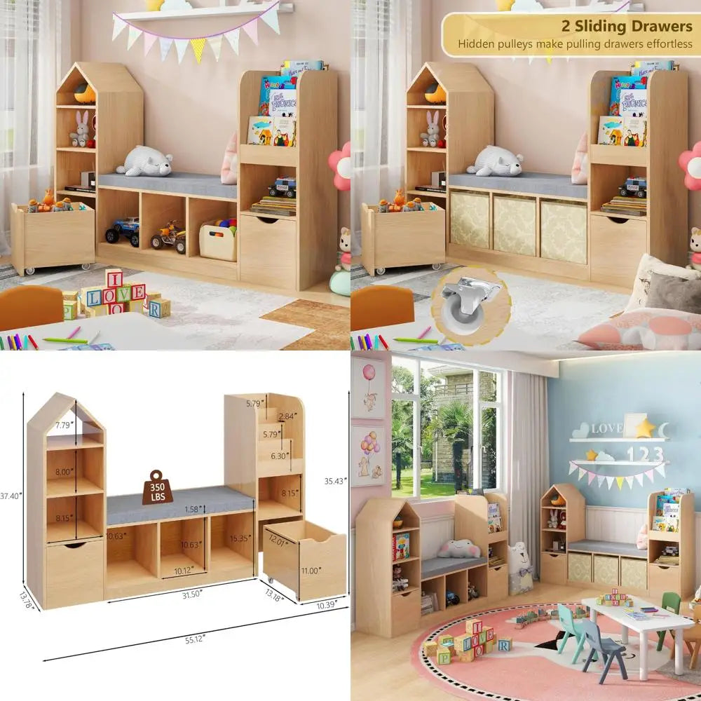 oak kids bookshelf with 7 cubby storage and reading nook