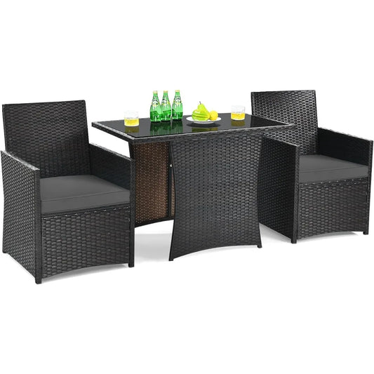 3 Pieces Patio Dining Set, Outdoor Rattan Bistro Set with Cushions