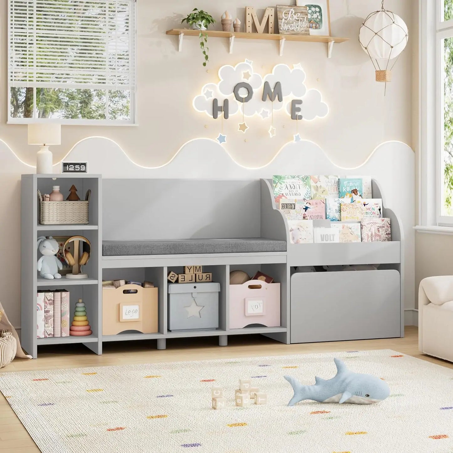 Kids Reading Nook with Bench, Bookshelf, Seat Cushion
