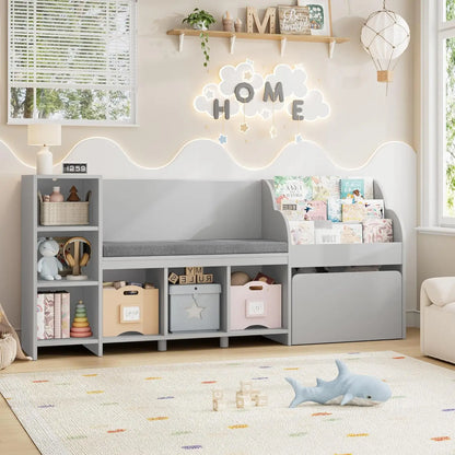 Kids Reading Nook with Bench, Bookshelf, Seat Cushion