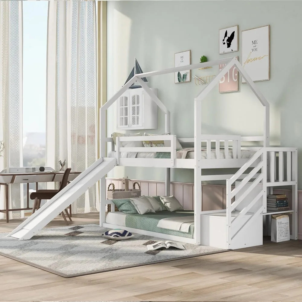 Twin Over Twin Bunk Bed with Slide, Solid Wood