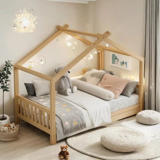Floor House Bed Frame Twin Size with Headboard & Footboard
