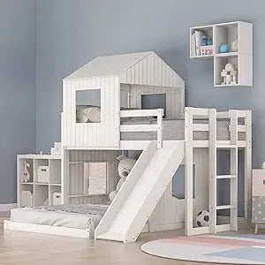 Twin Size Bunk Bed with Slide, Loft Bed Design, Playhouse
