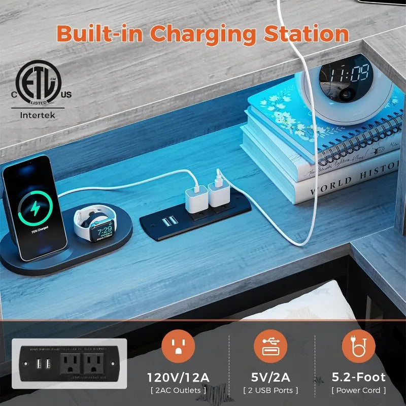 Corner Twin Bed Frame with Bookcase Storage and Led Lights