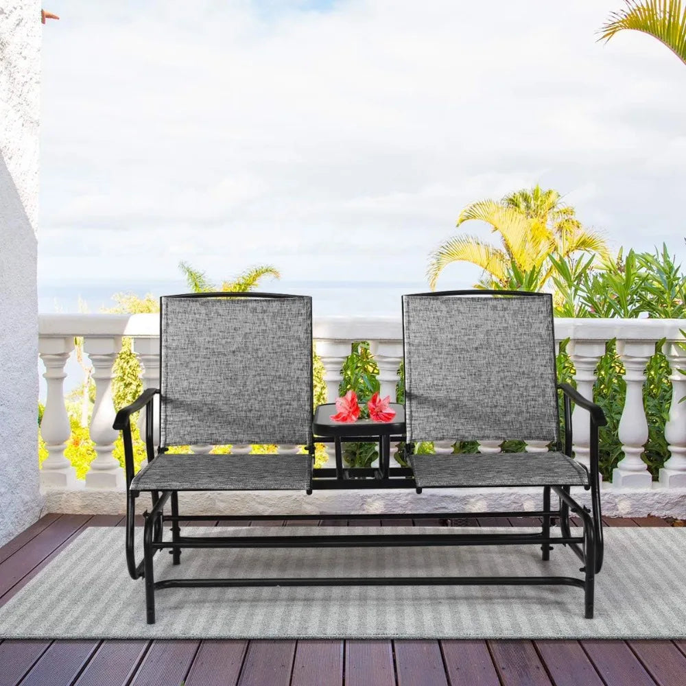 Double Bench Glider with Metal Frame and Tempered Glass Table