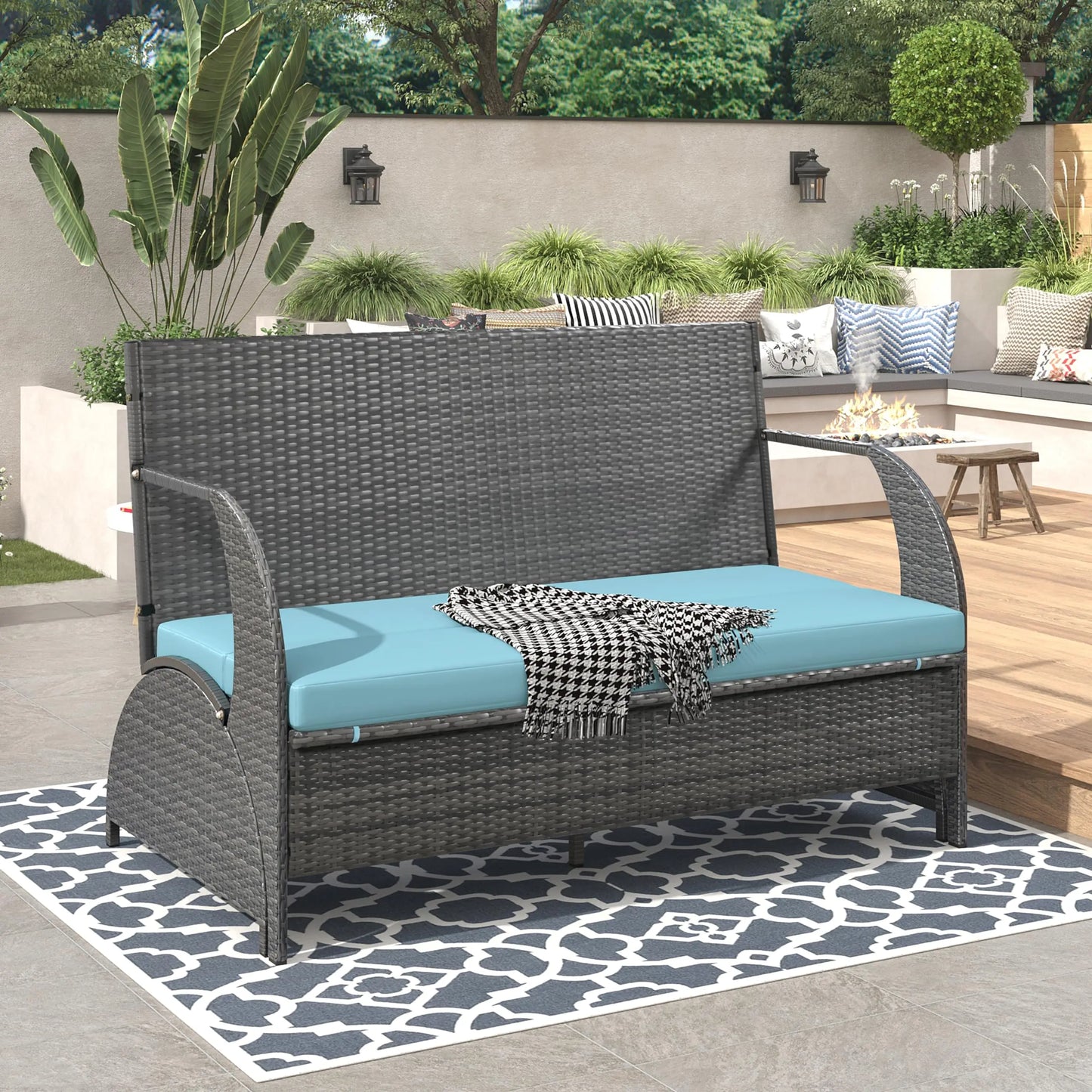 Outdoor Rattan Loveseat Convertible Picnic Upholstered Bench