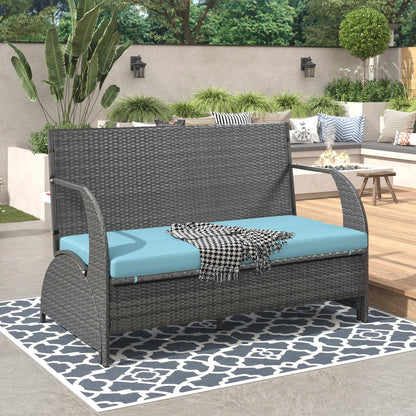 Outdoor Rattan Loveseat Convertible Picnic Upholstered Bench