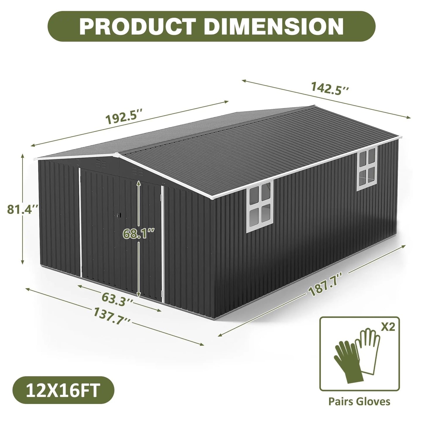 10x10~12x18FT Outdoor Metal Storage Heavy-Duty Frame Shed