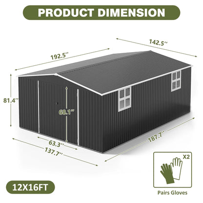 10x10~12x18FT Outdoor Metal Storage Heavy-Duty Frame Shed