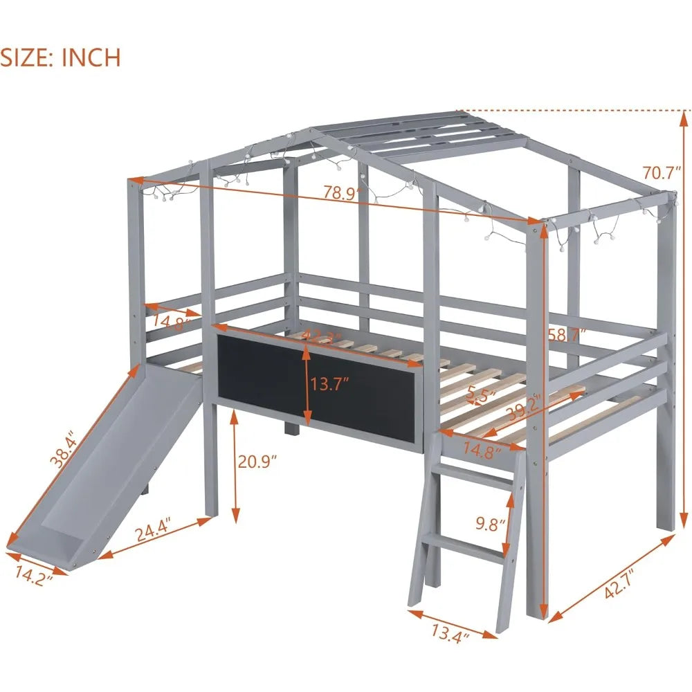 Kids House Loft Bed with Slide, Twin Size