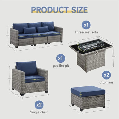 6-Piece Outdoor Patio Set with Fire Pit Table, 60000 BTU Propane Heater (Royal Blue)