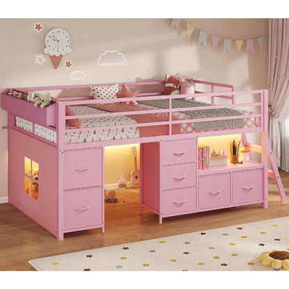 Low Loft Bed Twin Size with 7 Storage Drawers, Bookcase and LED Lights