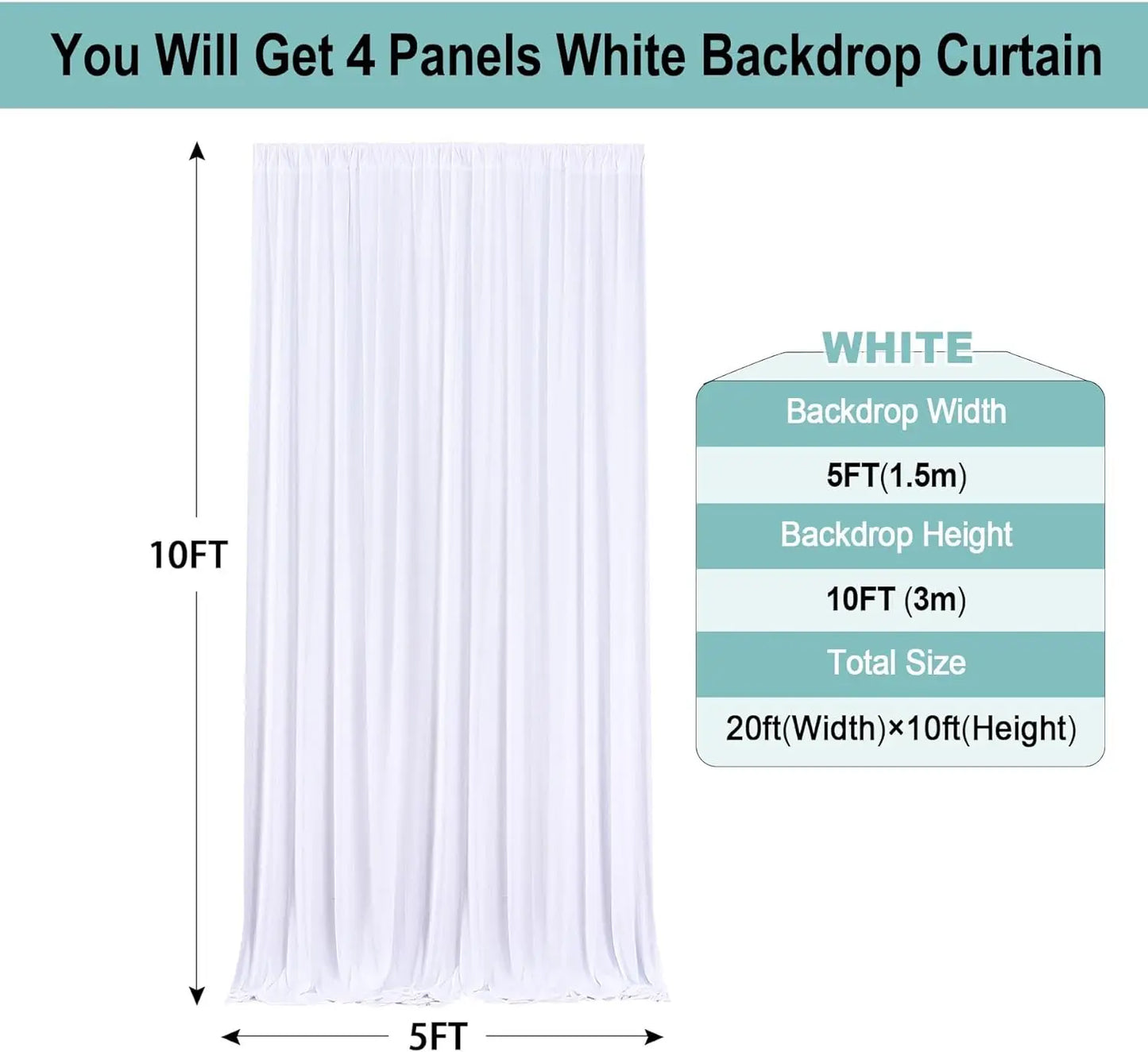 20x10 ft Wrinkle Free White Backdrop Curtains.  4 Panels 5x10ft for Wedding Birthday