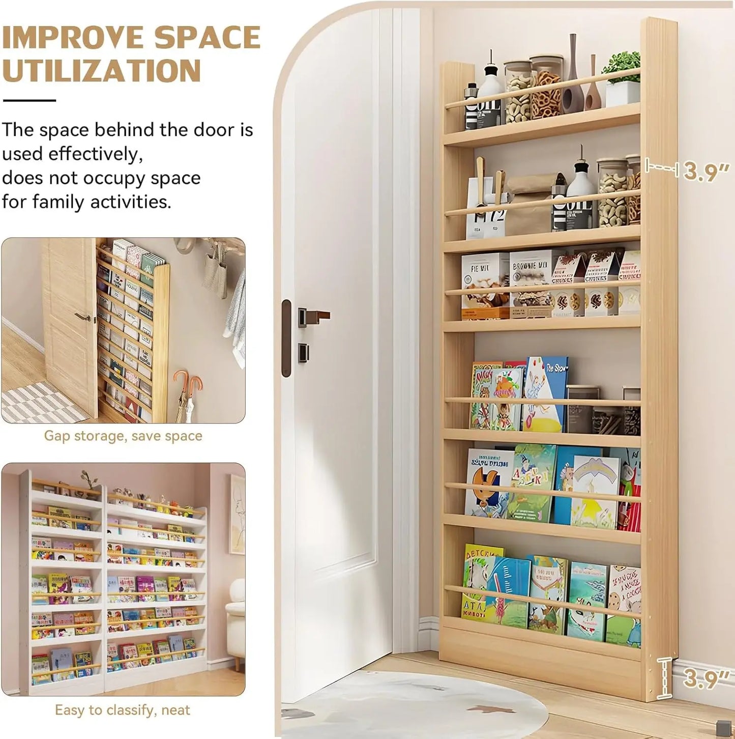 Behind Door Bookshelf, 6-Tier Narrow Wall Mounted