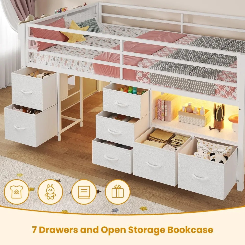 Twin Size Metal Kids Loft Bed with 7 Storage Drawers, Bookcase, LED Lights, and 14 Inches Safety Guardrail
