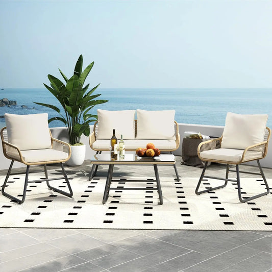 4 Piece Patio Furniture Set, Outdoor Wicker Conversation Sets