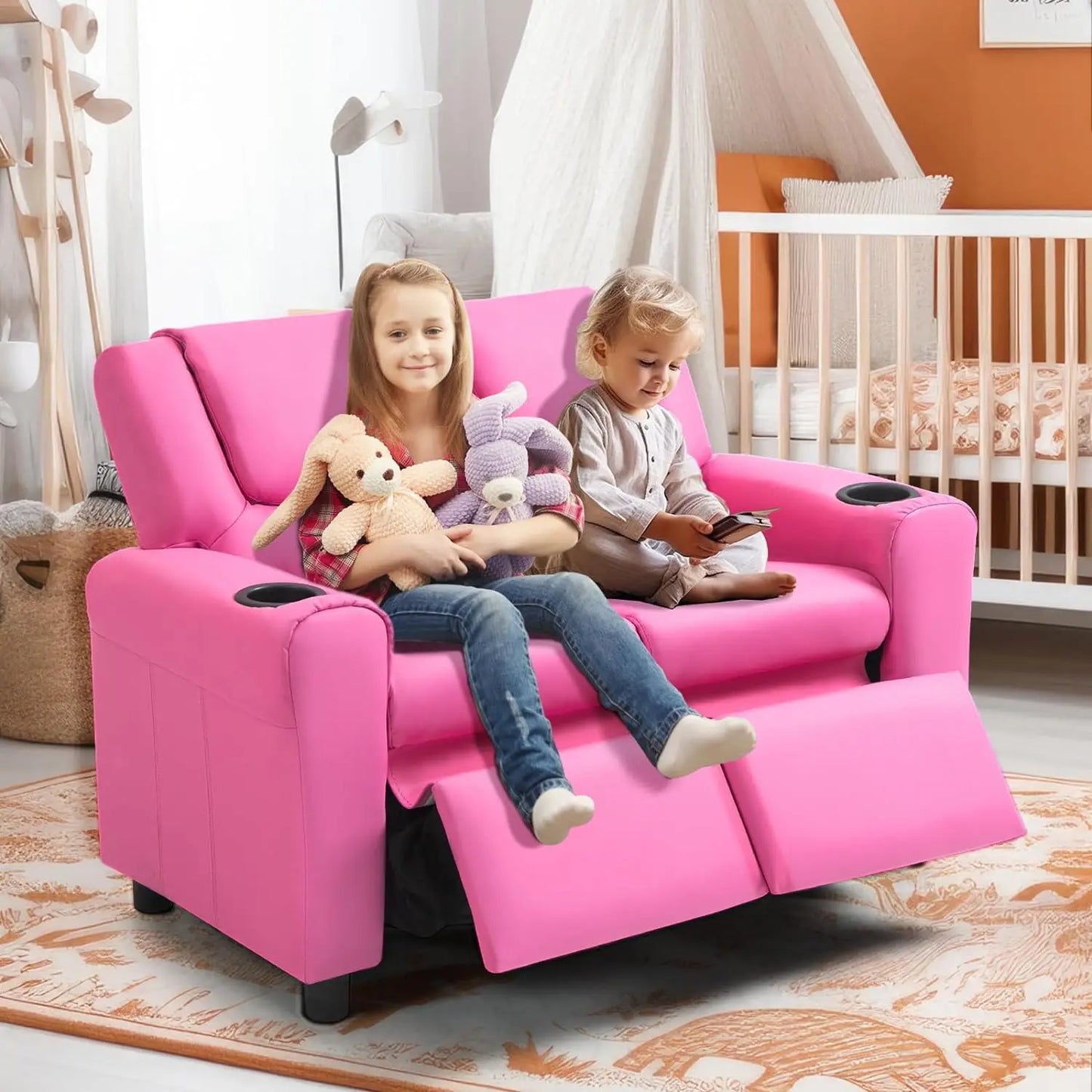 Kids Recliner Chair, PU Leather Sofa with Cup Holder