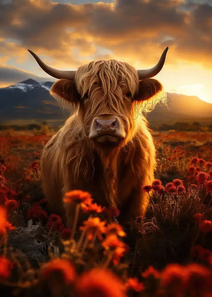Scottish Highland Cow Floral Portrait Canvas Wall Art