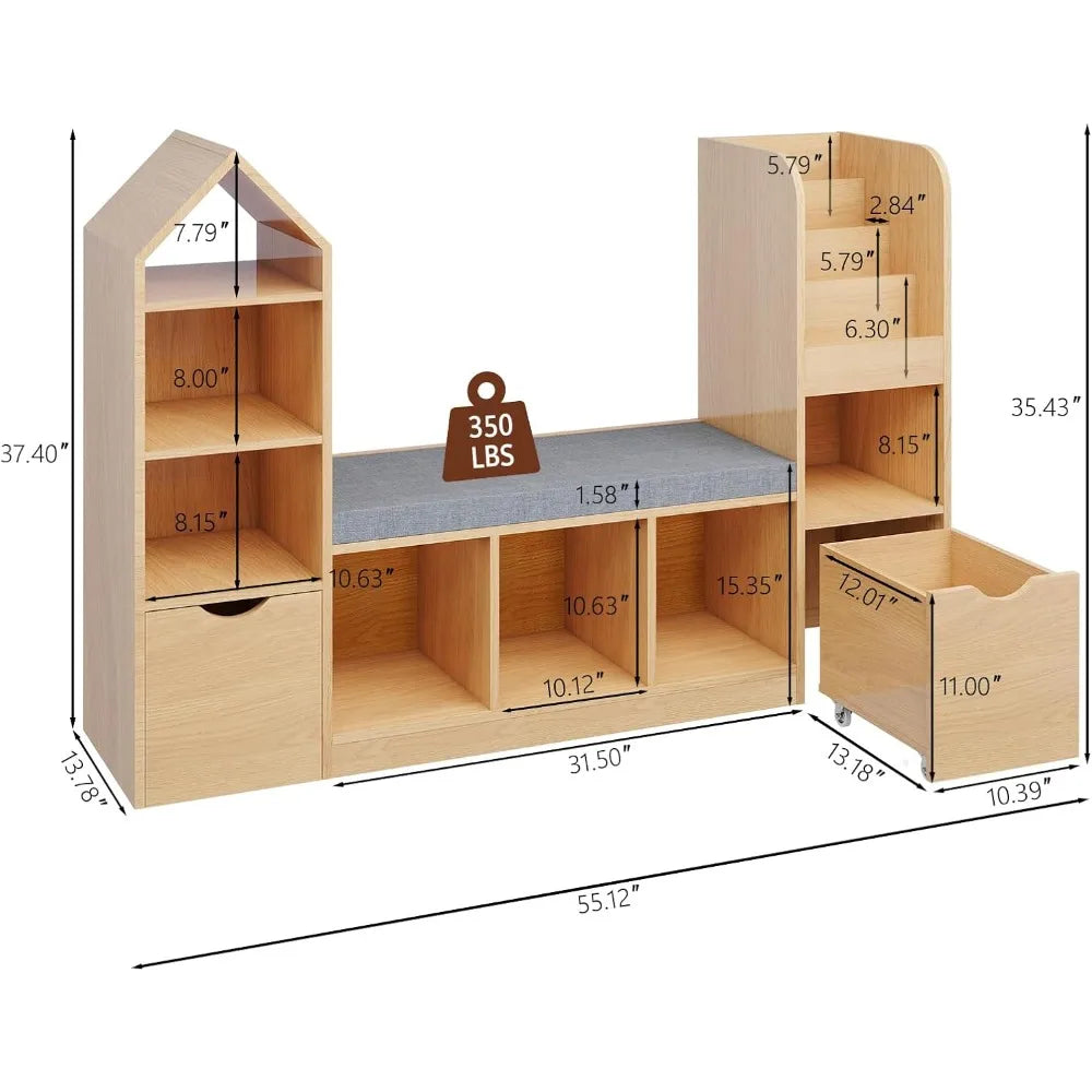 oak kids bookshelf with 7 cubby storage and reading nook