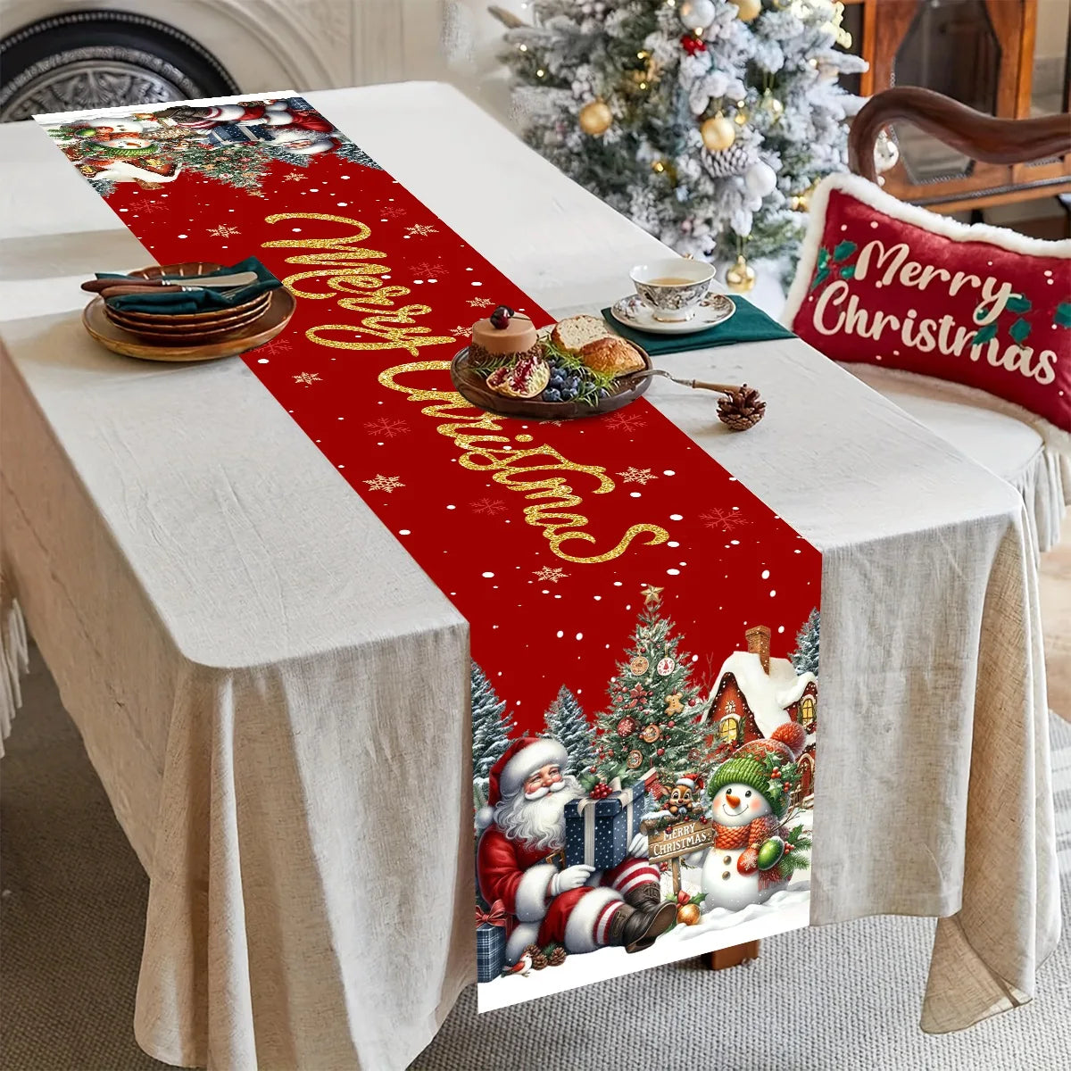 Red Christmas Santa Snowman Table Runner