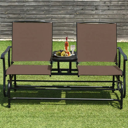 2-Person Glider Rocking Chair Loveseat  w/ Tempered Glass Table Brown