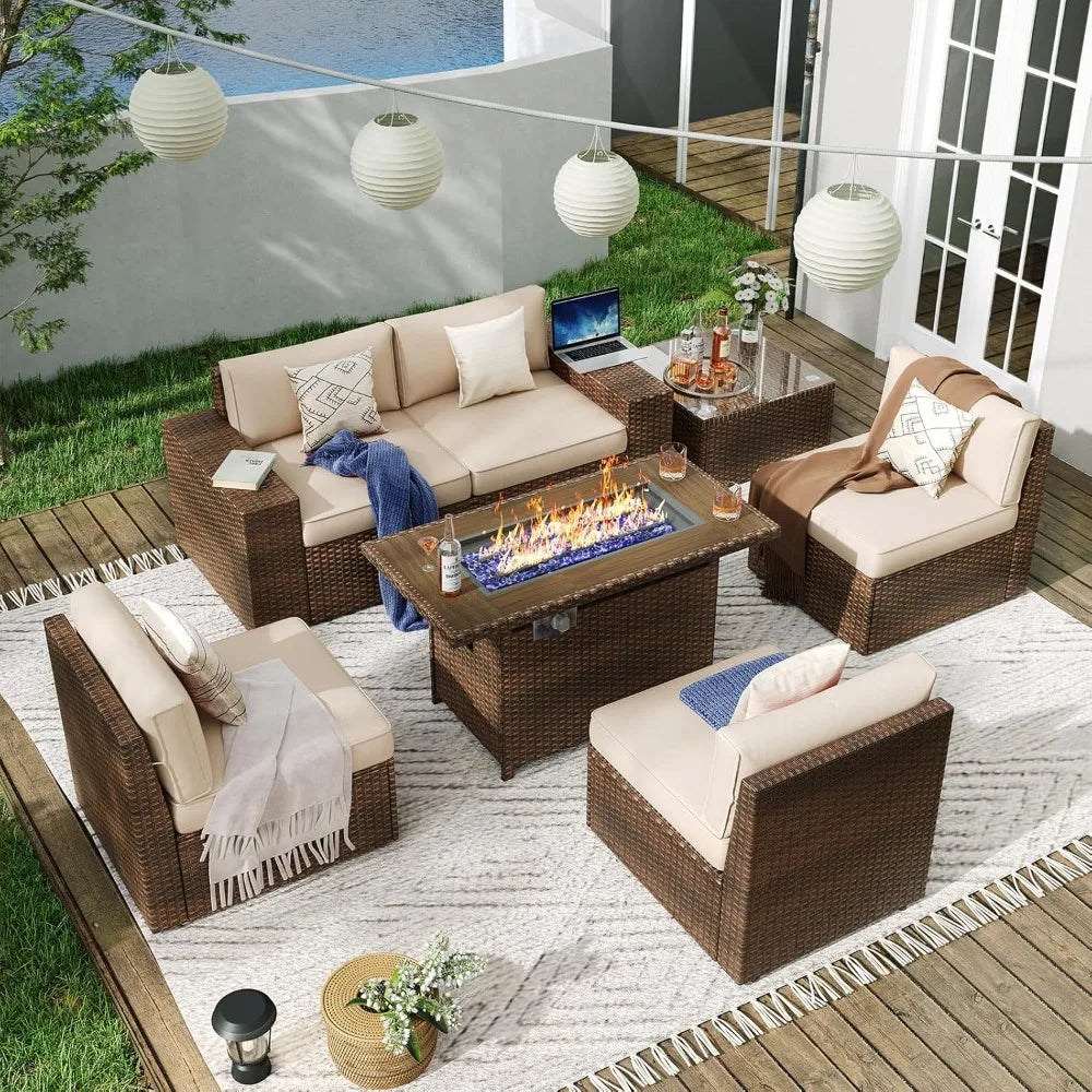 7 Piece Patio Furniture Set with 44 Inch Fire Pit Table