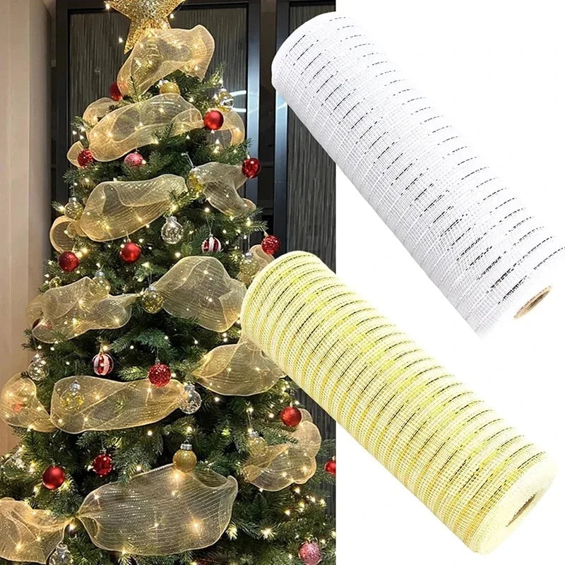 Golden Grid Ribbon Christmas Tree Decoration Mesh Tulle Roll