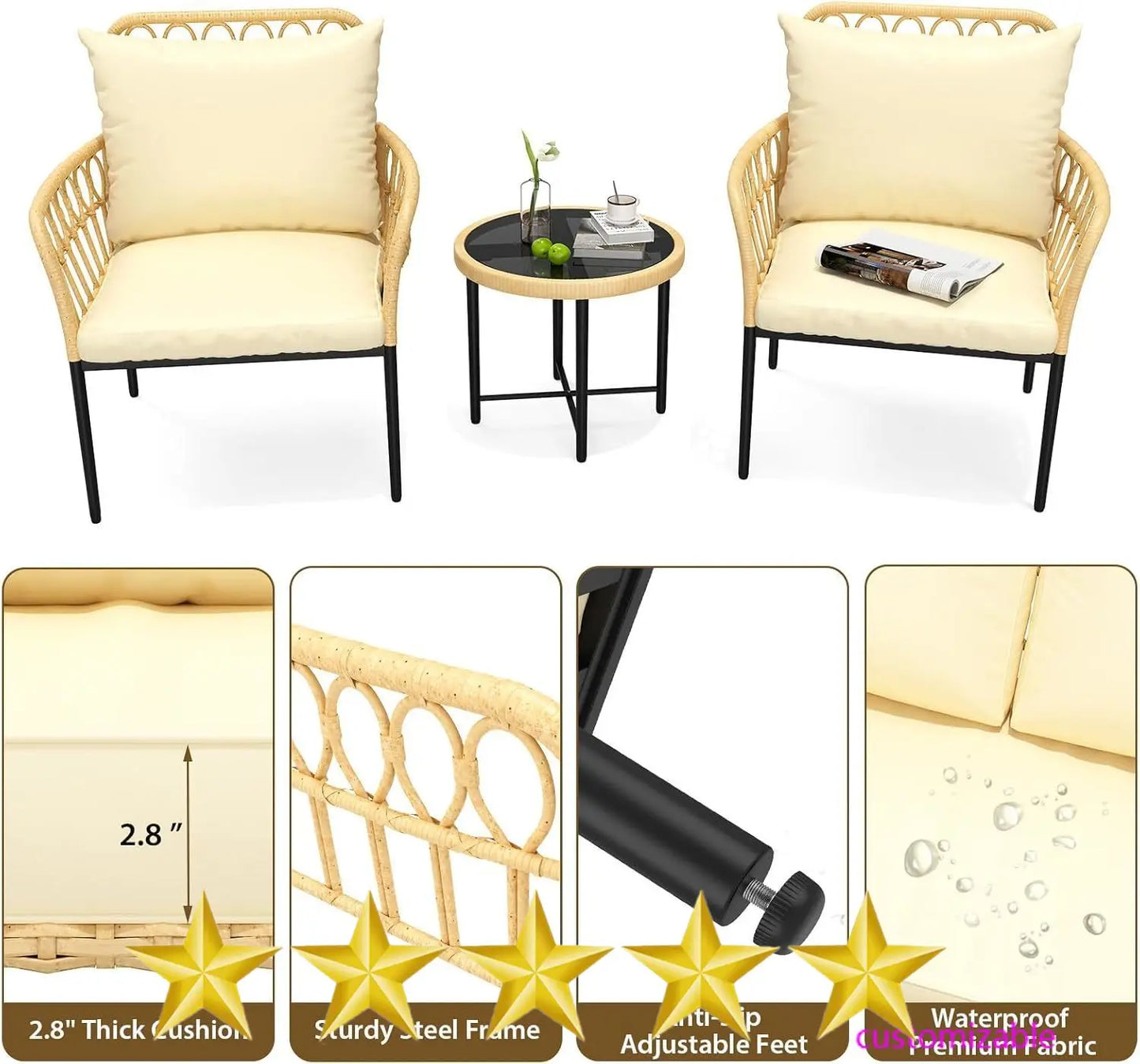 3-Piece Bistro Set, All-Weather Wicker Patio Conversation Set