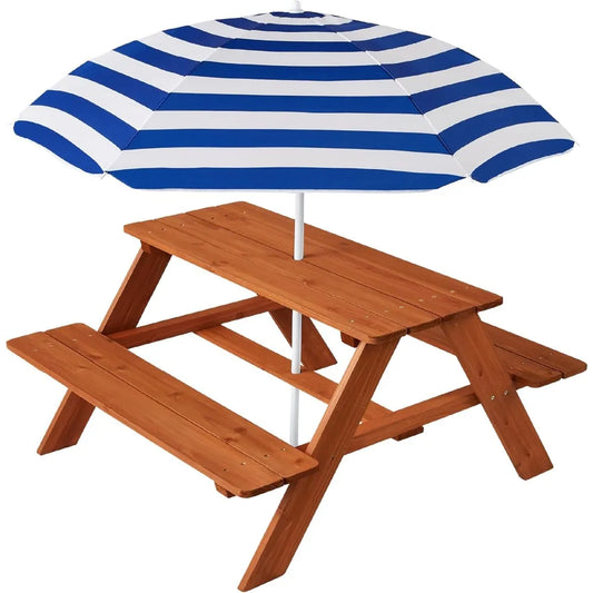 Kids Wooden Picnic Table w/Adjustable Collapsible Umbrella