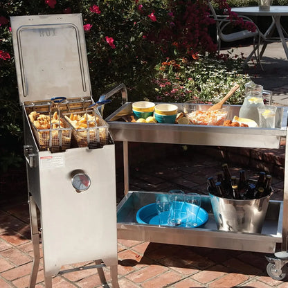 Classic 700-701 4-gal Stainless Fryer with 2 Stainless Mesh Baskets Fry Thermometer Drain Valve High Pressure Regulator