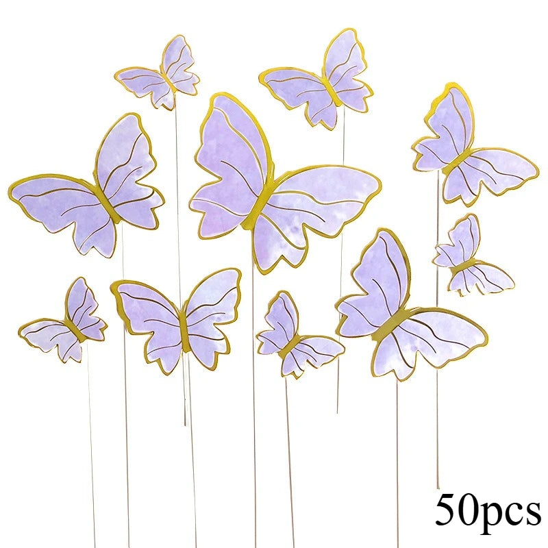 10/50pcs Butterfly Cake Toppers, Elegant Purple & Pink Paper Decorations