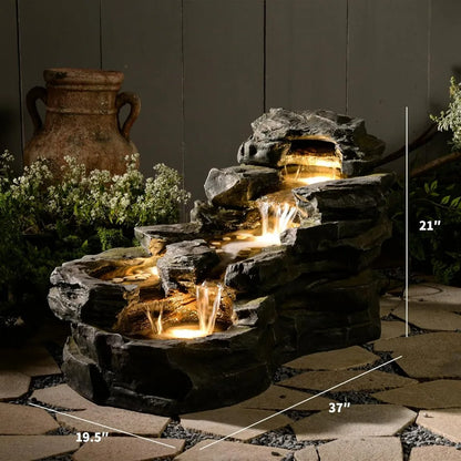 37 Liters Floor Standing 5-Level Rock Waterfall Fountain with LED Lights