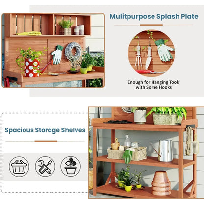 65" Large Wooden Rustic Outdoor Potting Bench Table