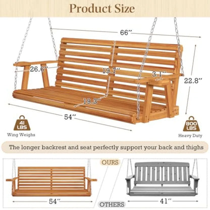 5.5FT Wooden Porch Swing 880Lbs Weight Capacity
