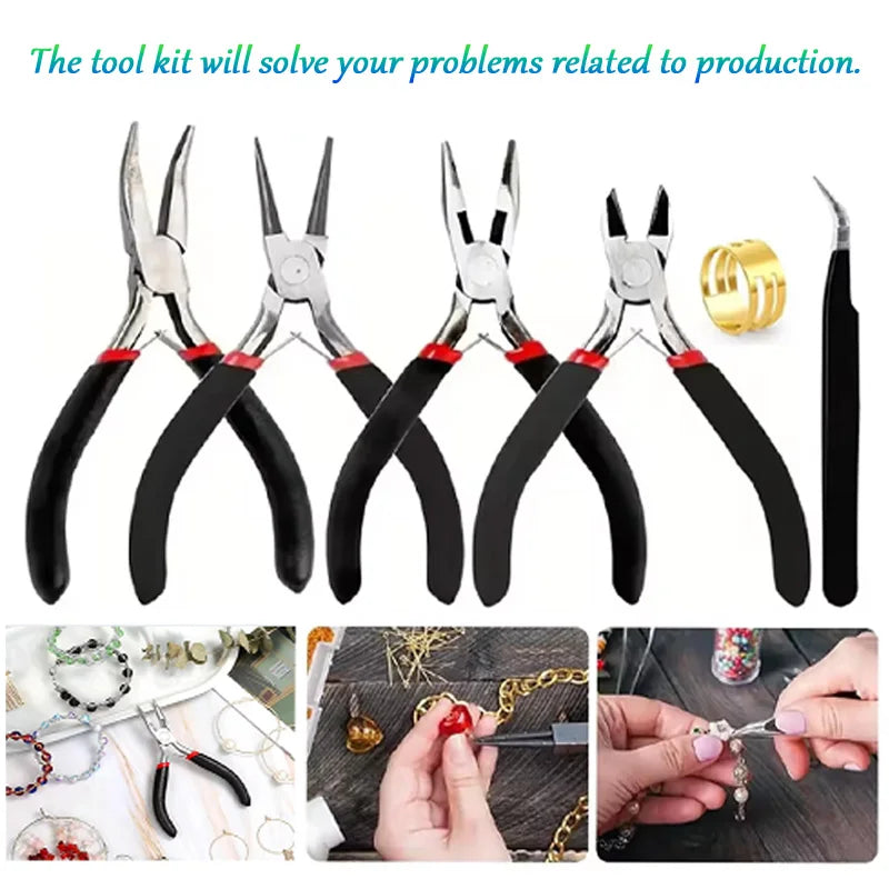 6-Piece Black Jewelry Pliers Set - Pointed/Chain/Round-Nose Pliers & Wire Cutters