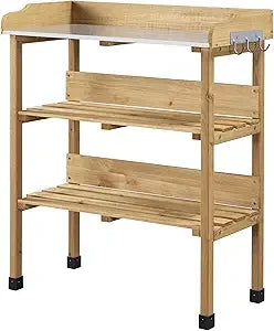 Potting Bench Table wMetal Tabletop for Garden
