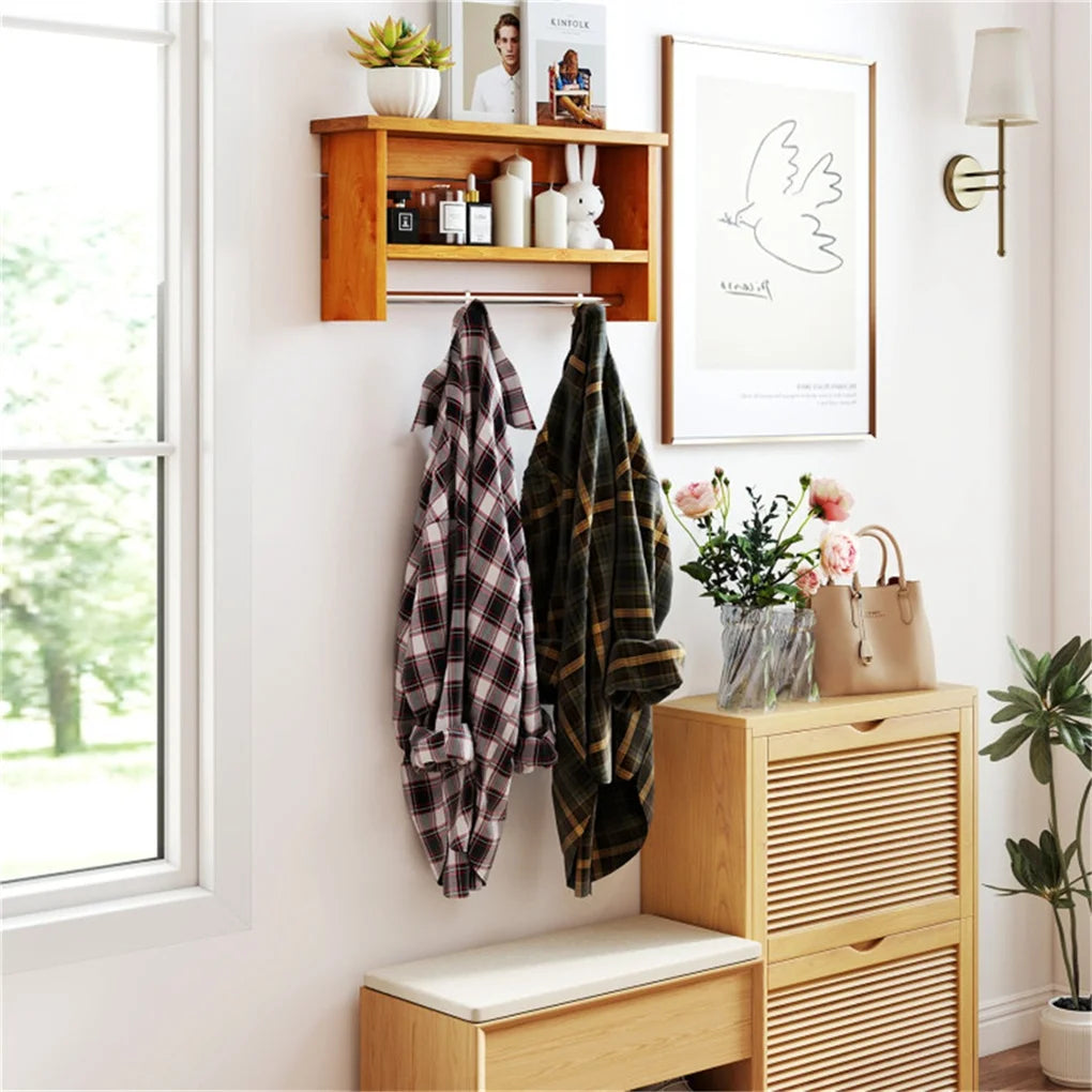 Wood Wall-Mounted Storage Shelf with Towel Bar