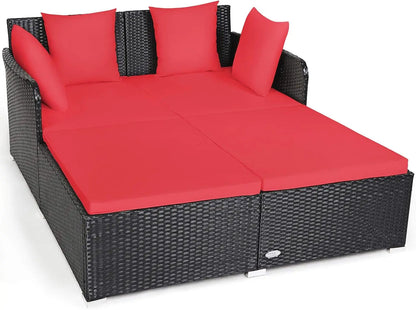 Outdoor Rattan Daybed, Sunbed Wicker Furniture w/Spacious Seat