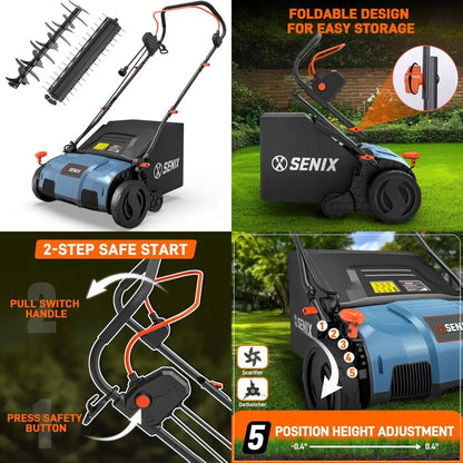 15-Inch Dual-Purpose Electric Dethatcher and Scarifier with 13 Amp Power, 13.2 Gallon Bag