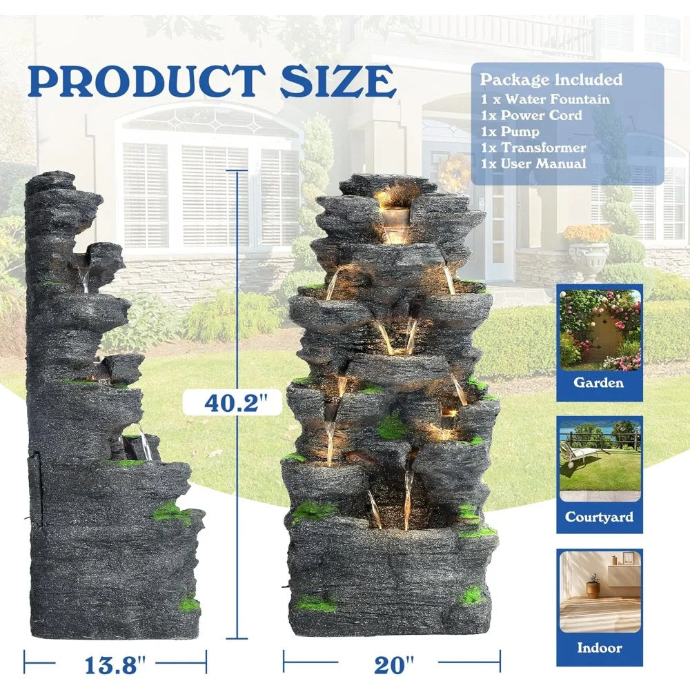 Multi-Level Outdoor Rock Waterfall Fountain with Illumination